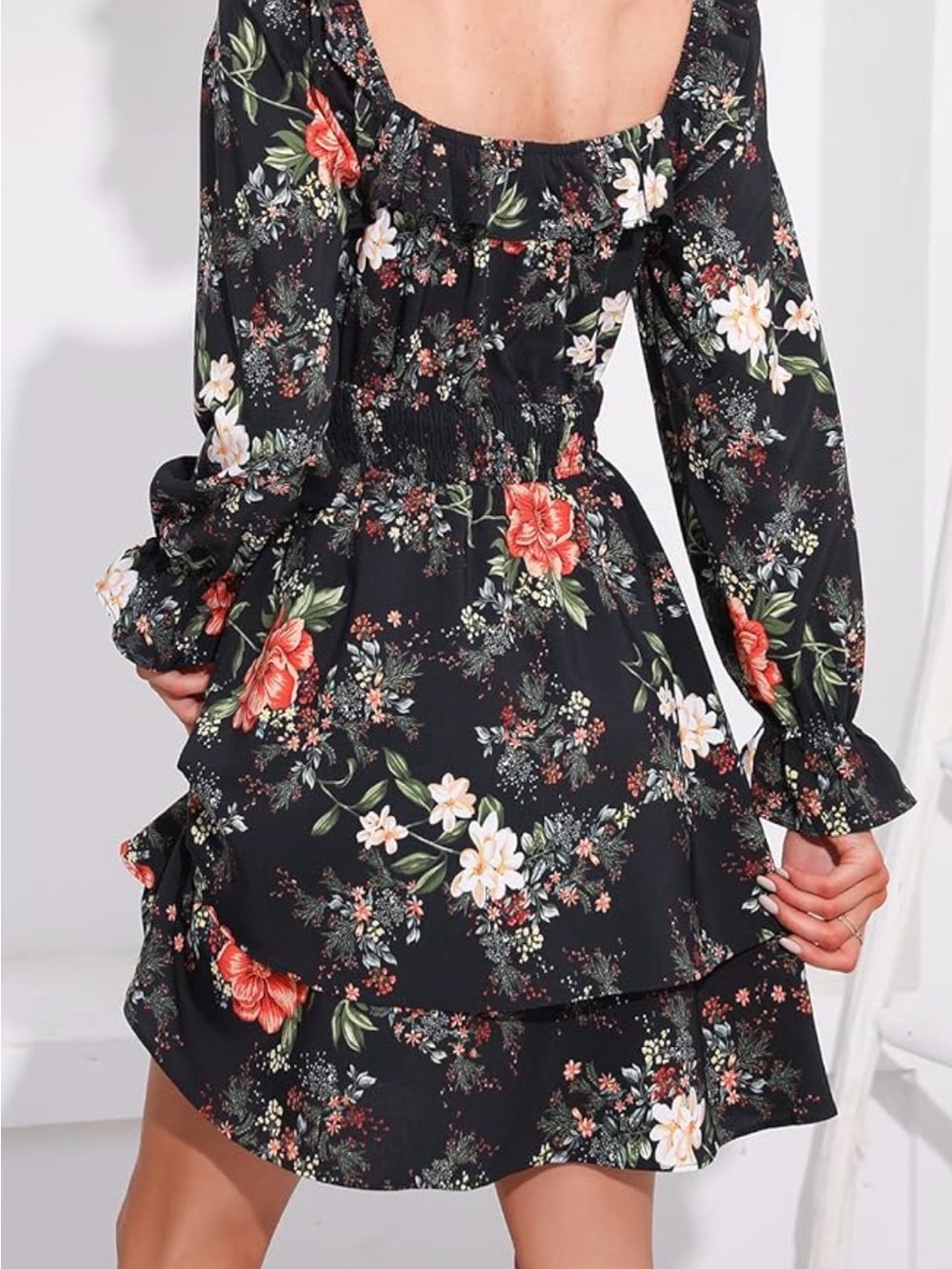 Floral Tiered Long-Sleeve Mini Dress - Black with Coral & White Blooms